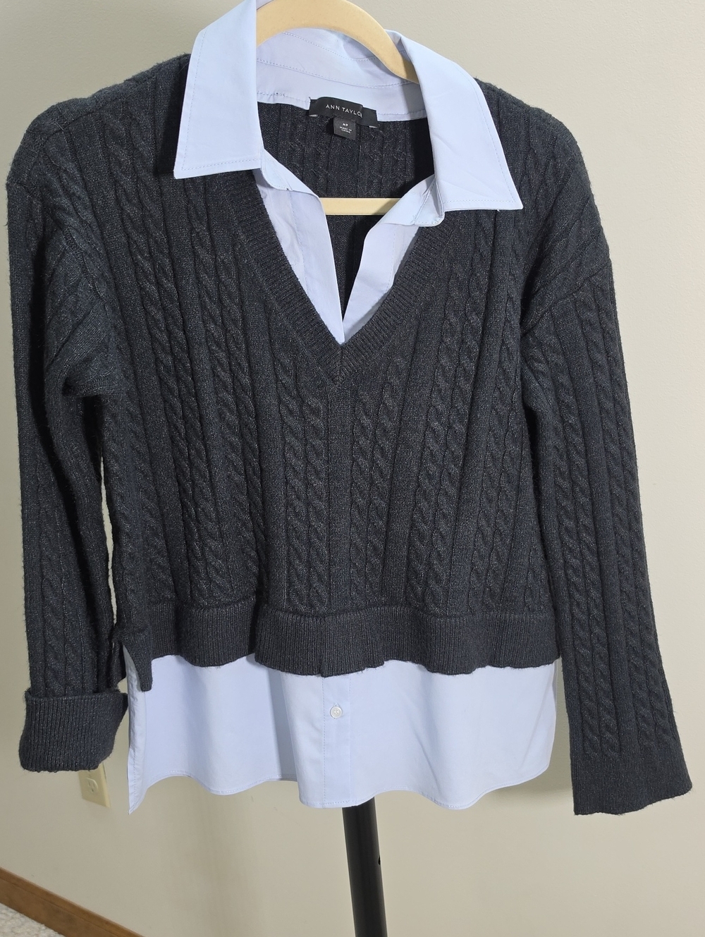 Ann Taylor Charcoal Cable-Knit V-Neck Sweater with Light Blue Shirt Detail